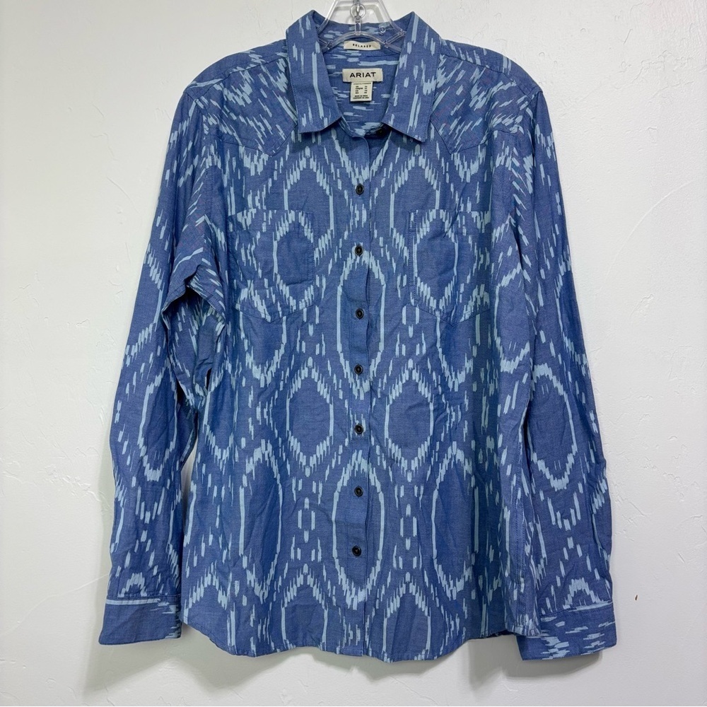 Ariat Women's Western Button Front Long Sleeve Shirt Relaxed XL 100% Cotton Blue